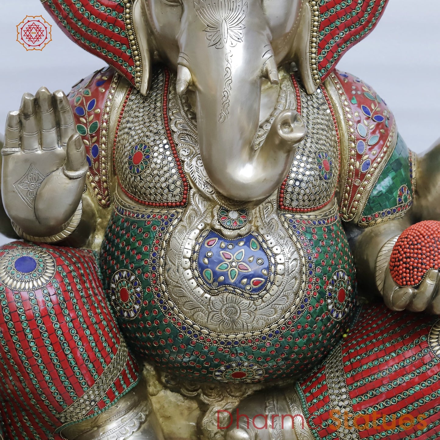 Brass Ganesh Seated Fine , Stone Work 34”