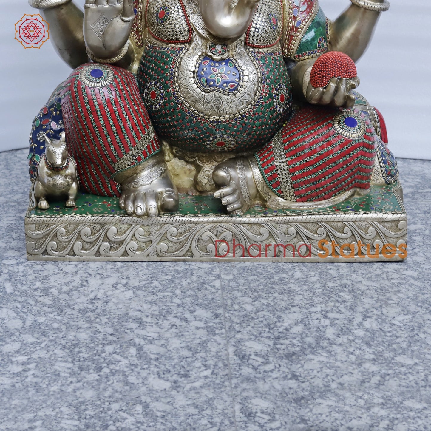 Brass Ganesh Seated Fine , Stone Work 34”