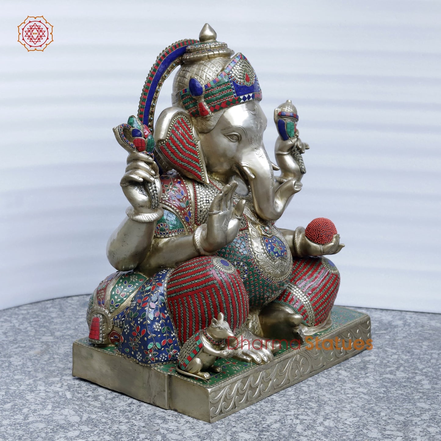 Brass Ganesh Seated Fine , Stone Work 34”