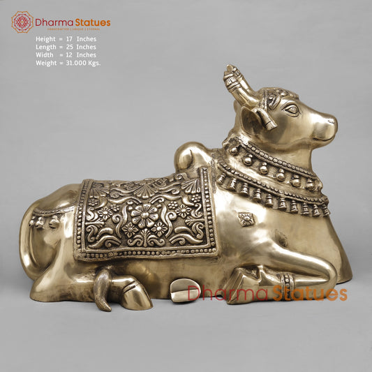 Brass Nandi Seated Fine Carving, Smooth Finish 25”