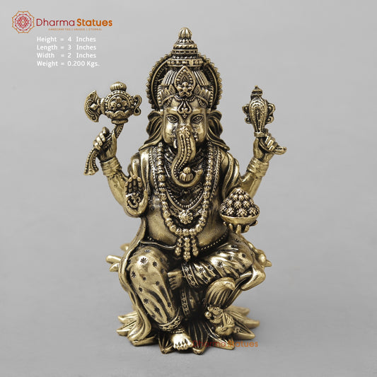 Brass Ganesh Seated on Lotus Fine 4”