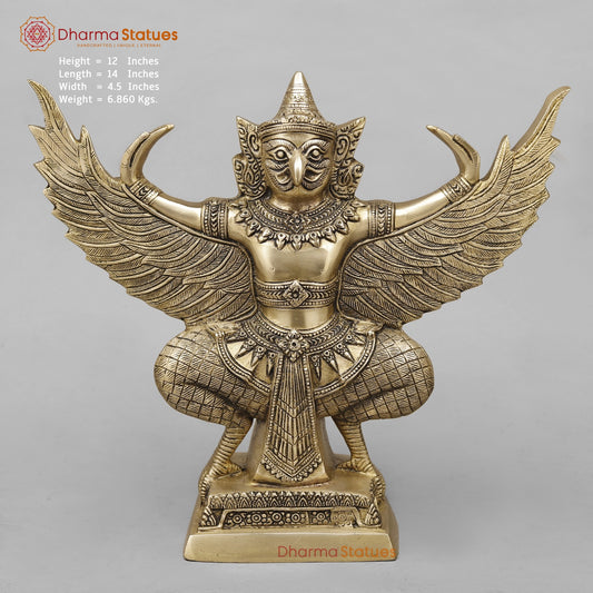 Brass Garuda Seated with Wide Wings, Smooth Finish 12”