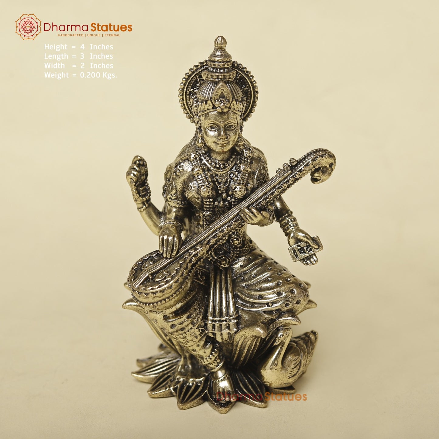 Brass Saraswati With Swan Seated Fine 4”