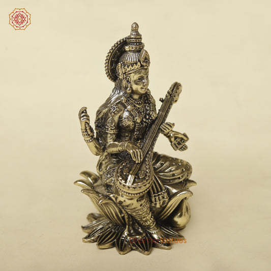 Brass Saraswati With Swan Seated Fine 4”