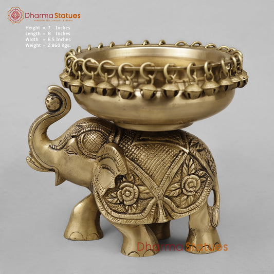 Brass Elephant Urli With Ghungroo, Butter Finish 8”