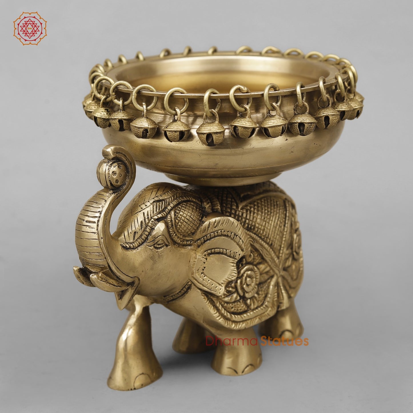 Brass Elephant Urli With Ghungroo, Butter Finish 8”