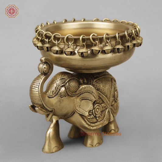 Brass Elephant Urli With Ghungroo, Butter Finish 8”