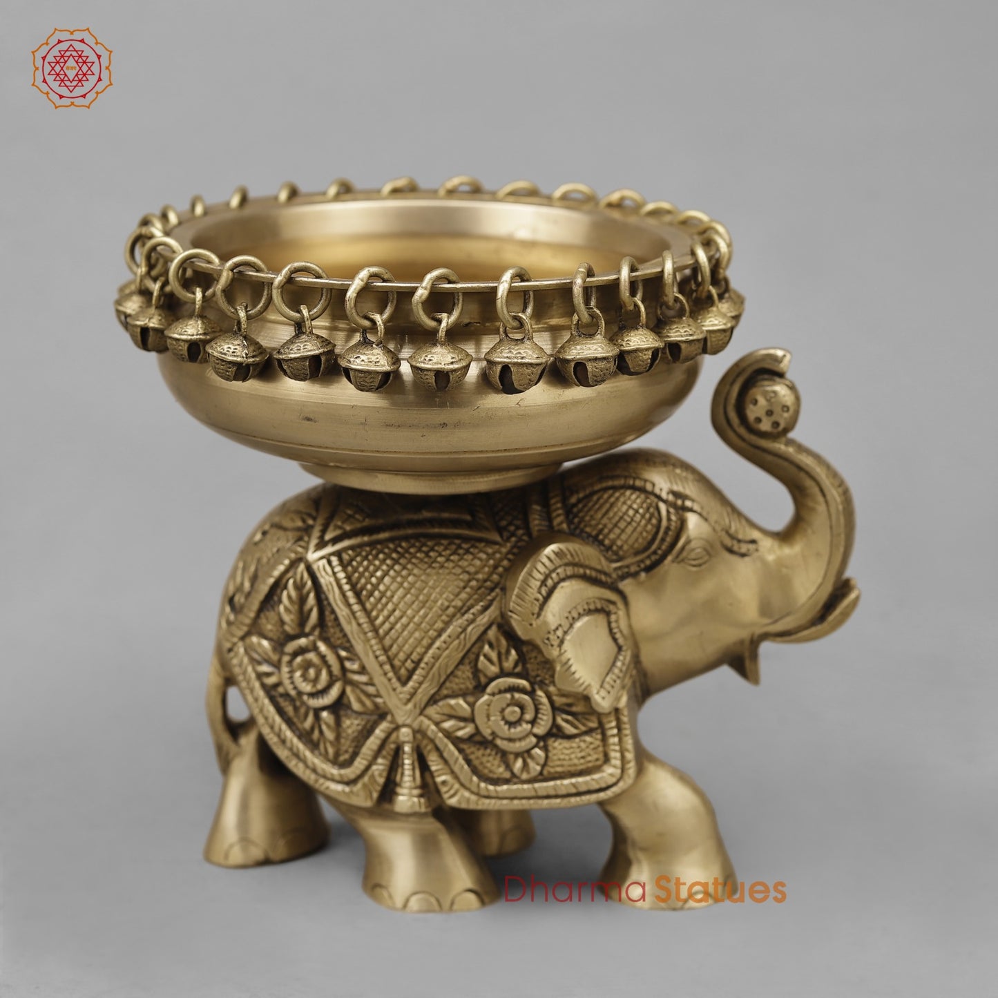 Brass Elephant Urli With Ghungroo, Butter Finish 8”