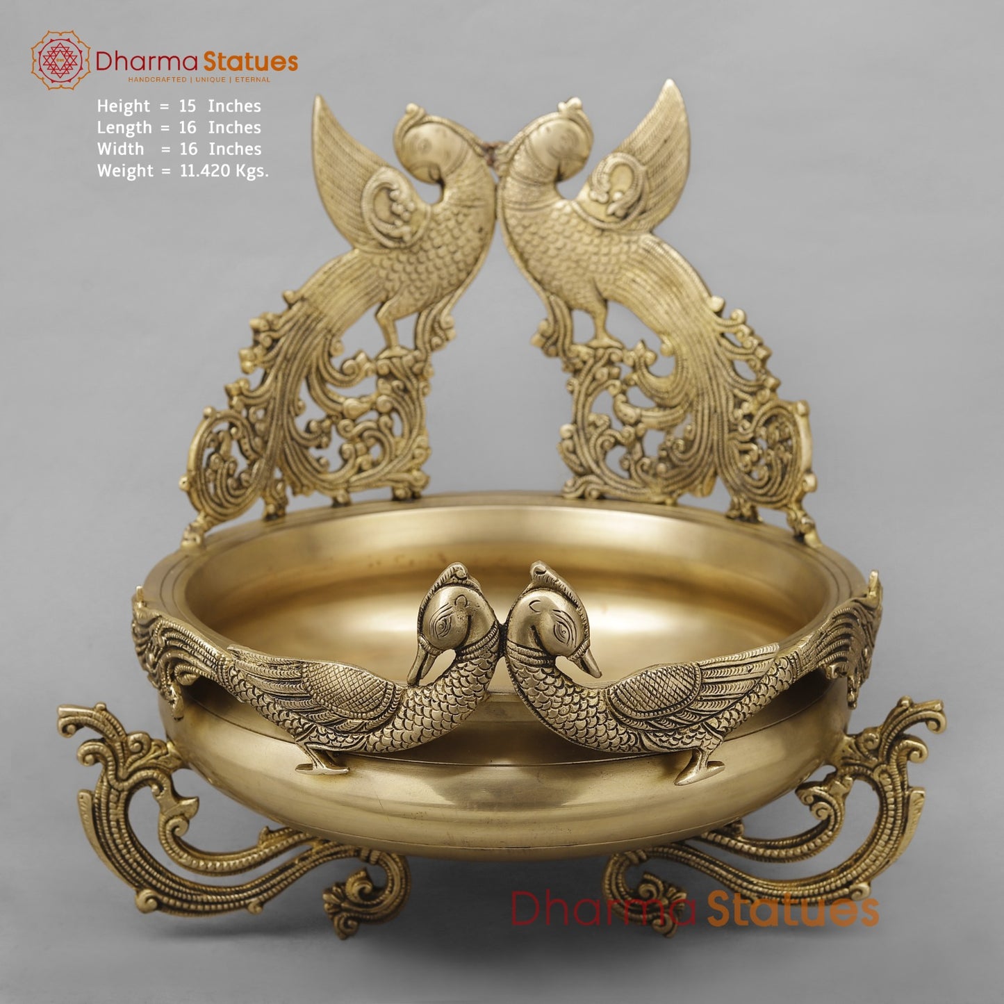 Brass Double Peacock Urli Fine, Smooth Finish 16”