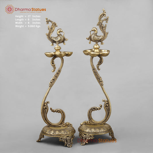 Brass South India Peacock Lamps Fine, Smooth Finish 27” (Set of 2 pcs)