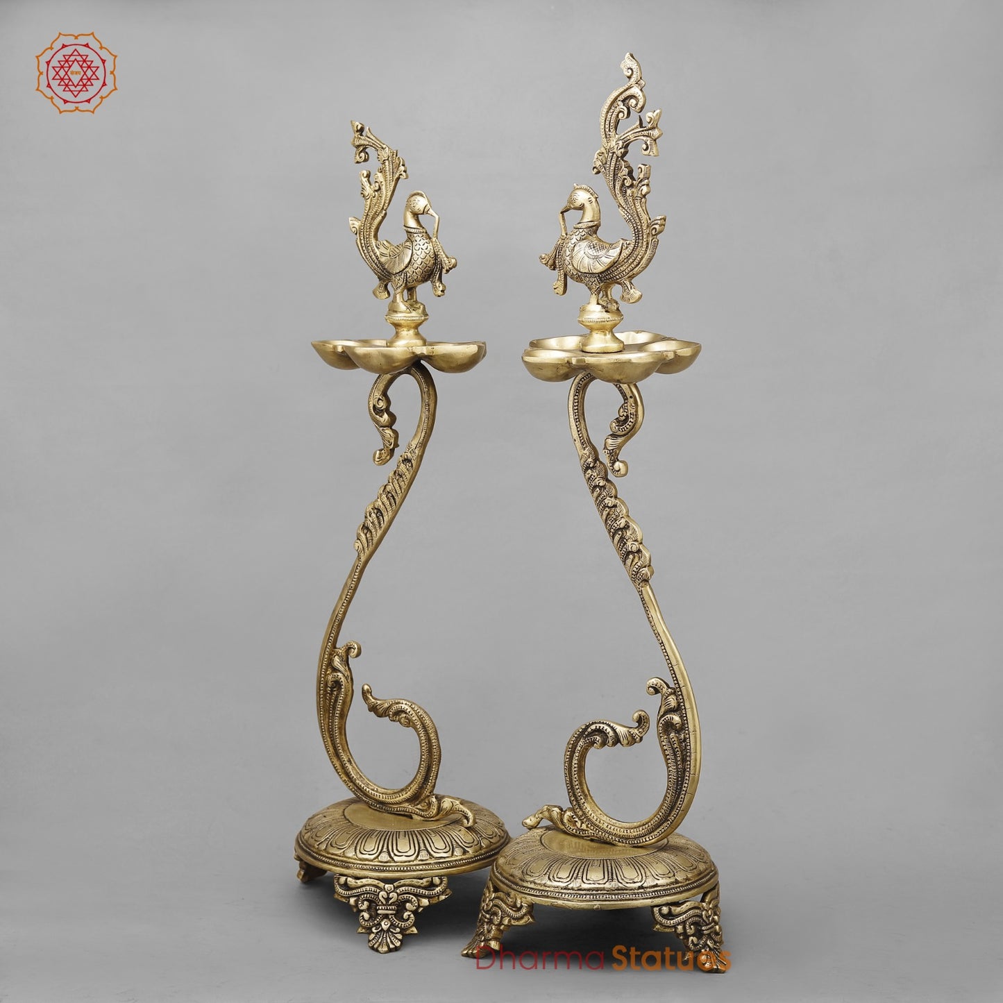 Brass South India Peacock Lamps Fine, Smooth Finish 27” (Set of 2 pcs)