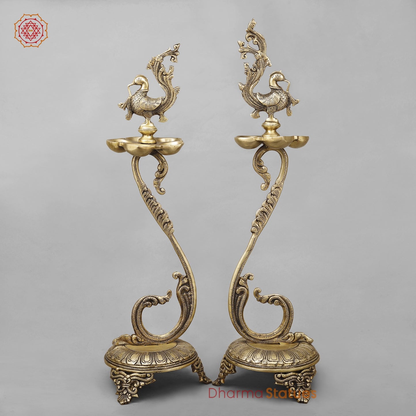 Brass South India Peacock Lamps Fine, Smooth Finish 27” (Set of 2 pcs)