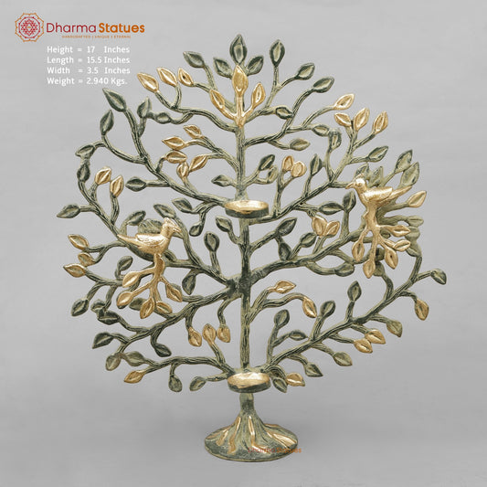 Brass Tree With Tea Lite Holder Fine, Green Gold Finish 17”