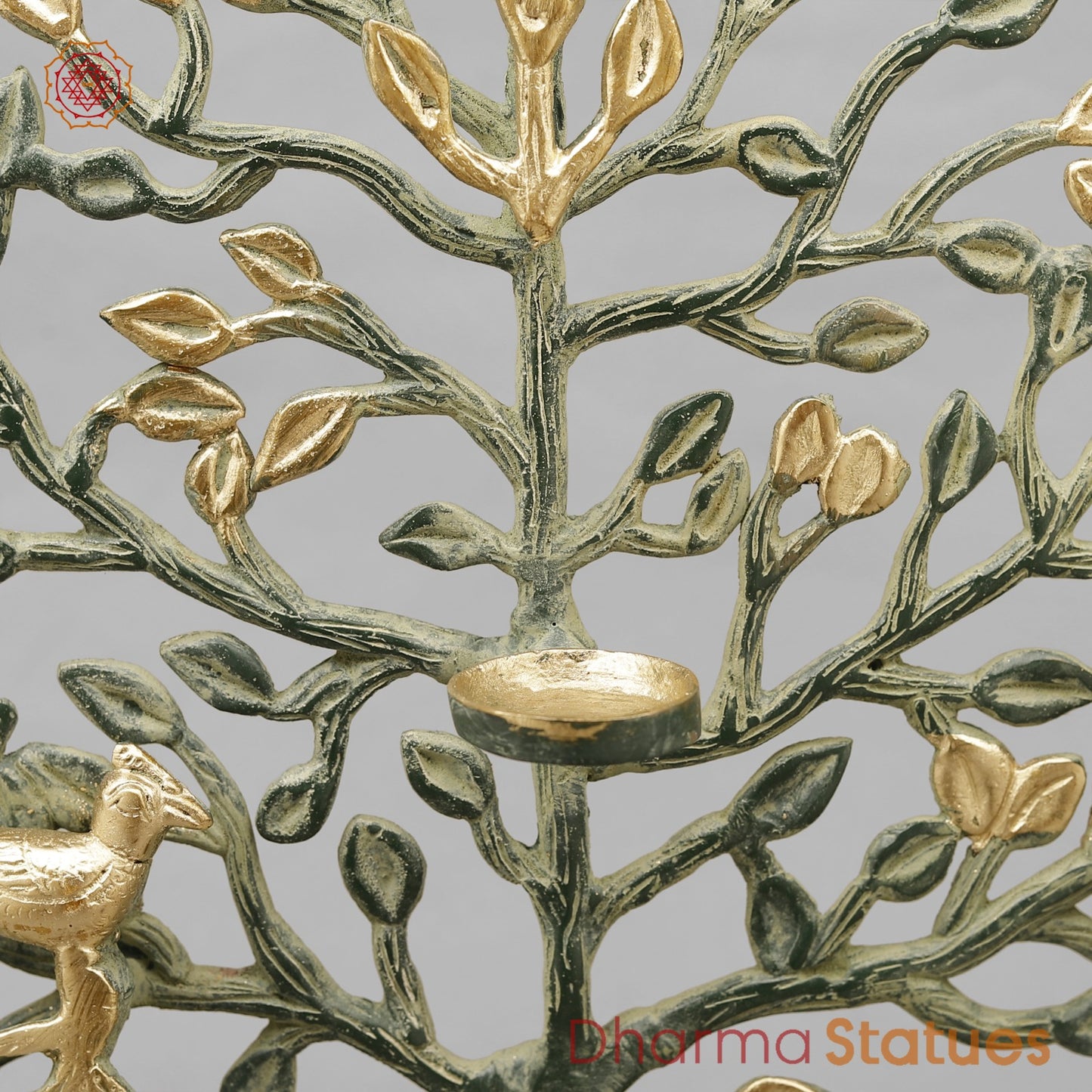 Brass Tree With Tea Lite Holder Fine, Green Gold Finish 17”