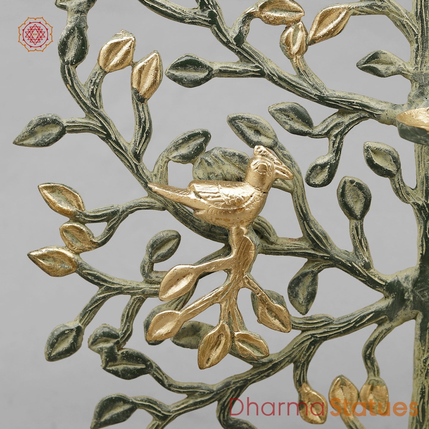 Brass Tree With Tea Lite Holder Fine, Green Gold Finish 17”