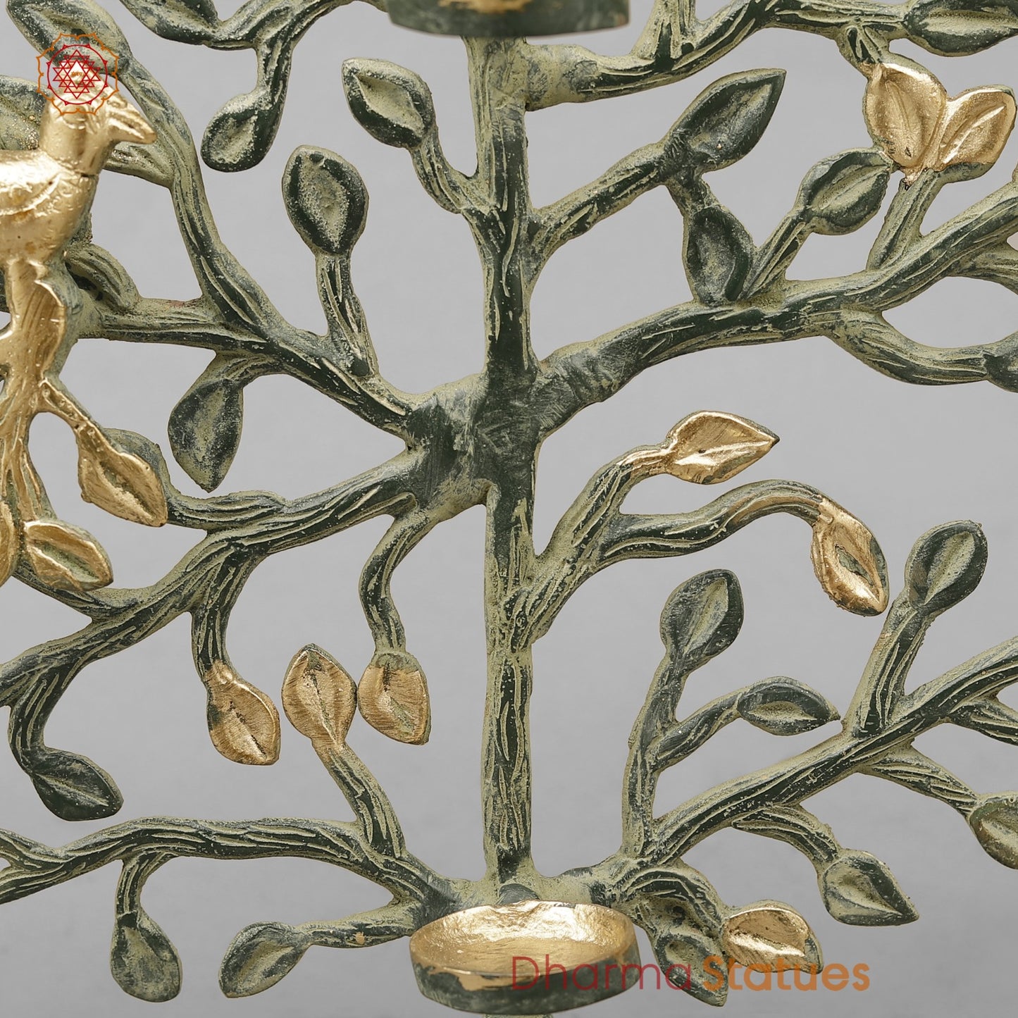 Brass Tree With Tea Lite Holder Fine, Green Gold Finish 17”