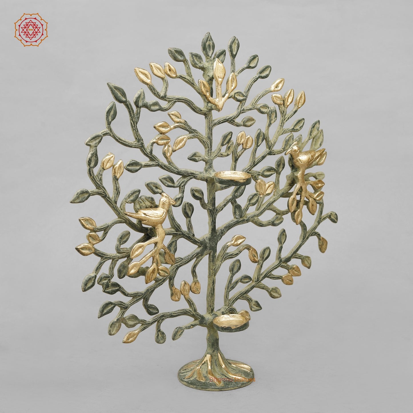 Brass Tree With Tea Lite Holder Fine, Green Gold Finish 17”