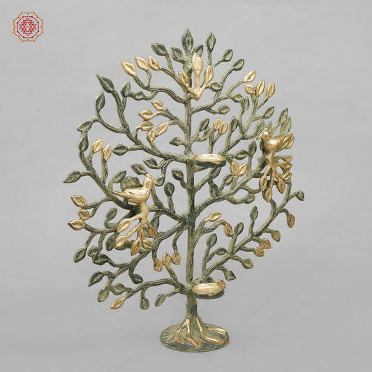 Brass Tree With Tea Lite Holder Fine, Green Gold Finish 17”