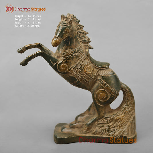 Brass Horse Jumping Showpiece, Green Antique finish 8.5”