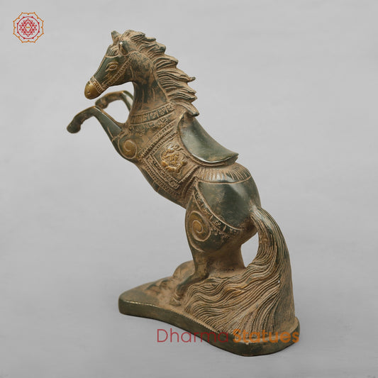 Brass Horse Jumping Showpiece, Green Antique finish 8.5”