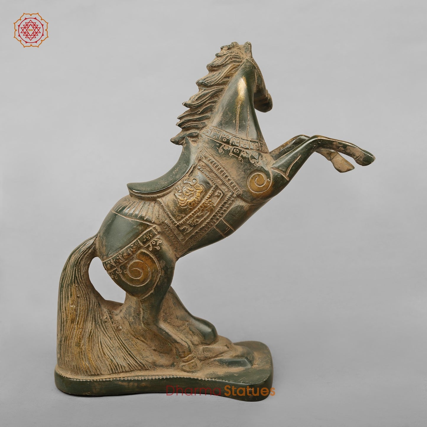 Brass Horse Jumping Showpiece, Green Antique finish 8.5”