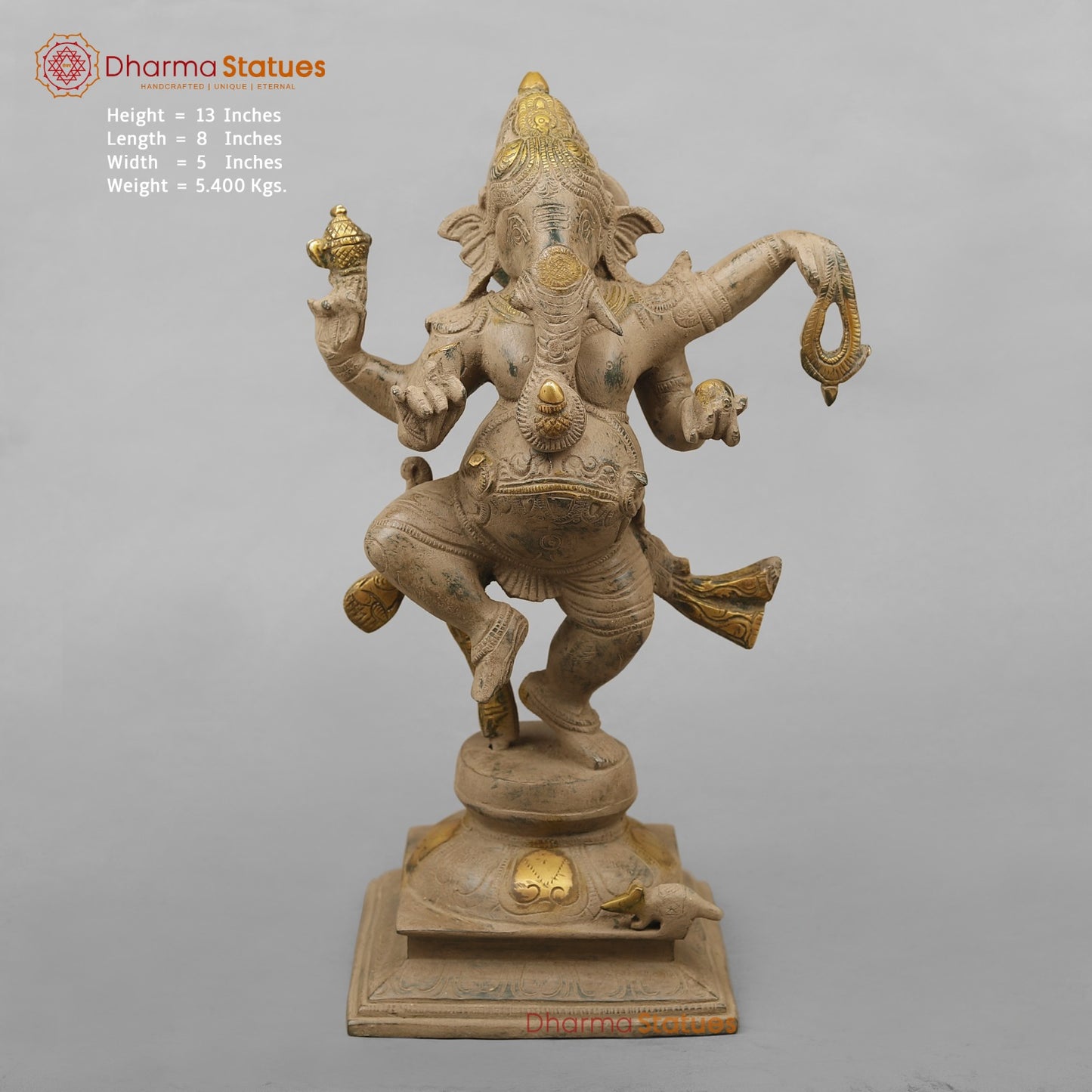 Brass Ganesh Dancing with Rat, Antique finish 13”