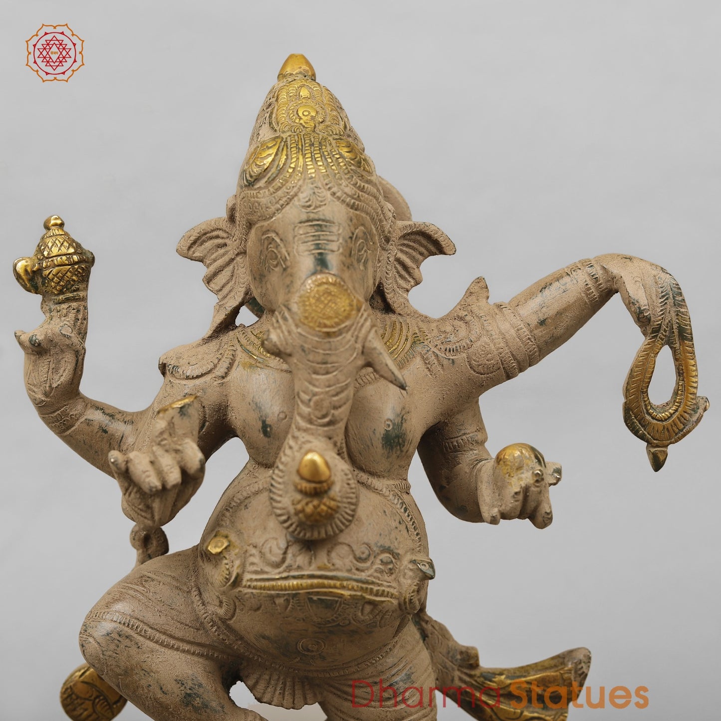 Brass Ganesh Dancing with Rat, Antique finish 13”