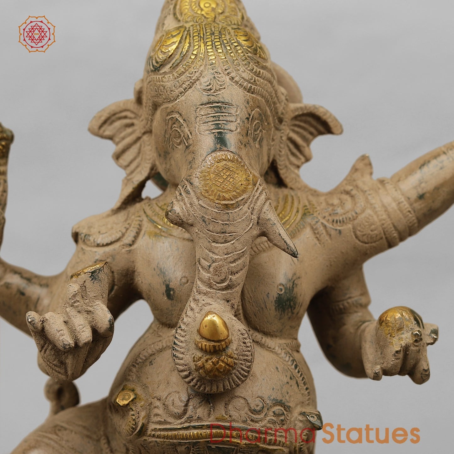 Brass Ganesh Dancing with Rat, Antique finish 13”