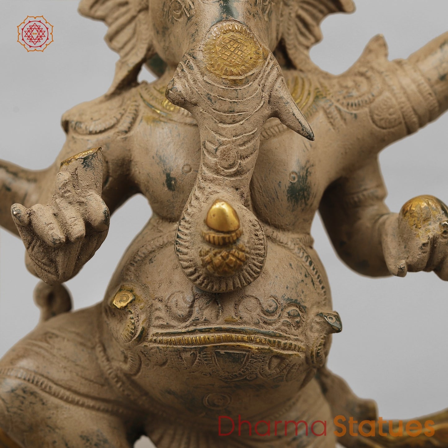 Brass Ganesh Dancing with Rat, Antique finish 13”