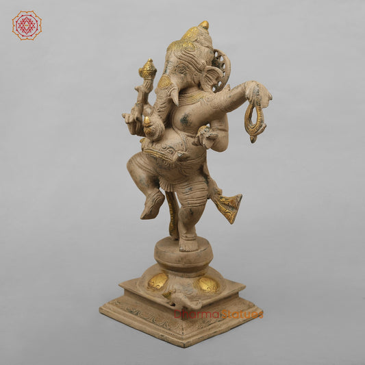 Brass Ganesh Dancing with Rat, Antique finish 13”