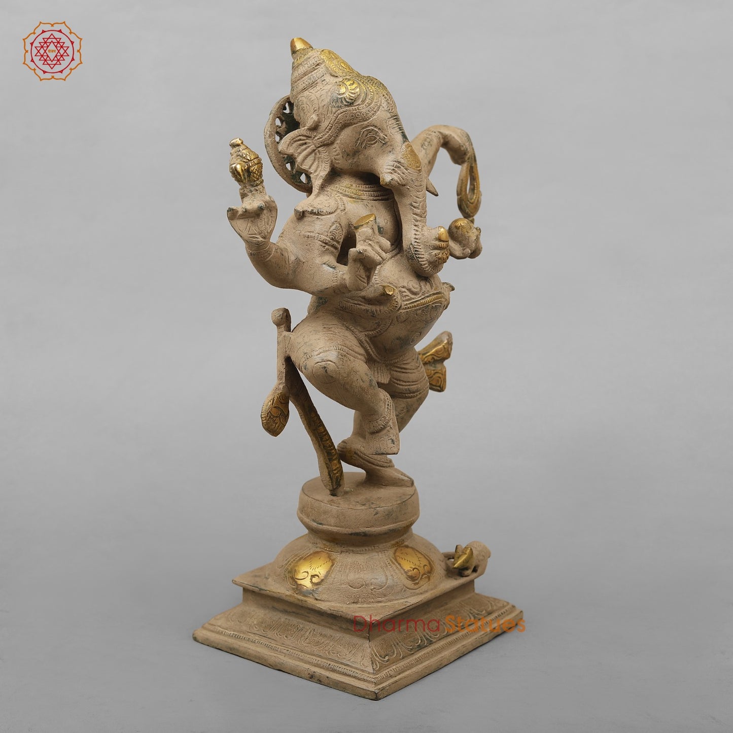 Brass Ganesh Dancing with Rat, Antique finish 13”