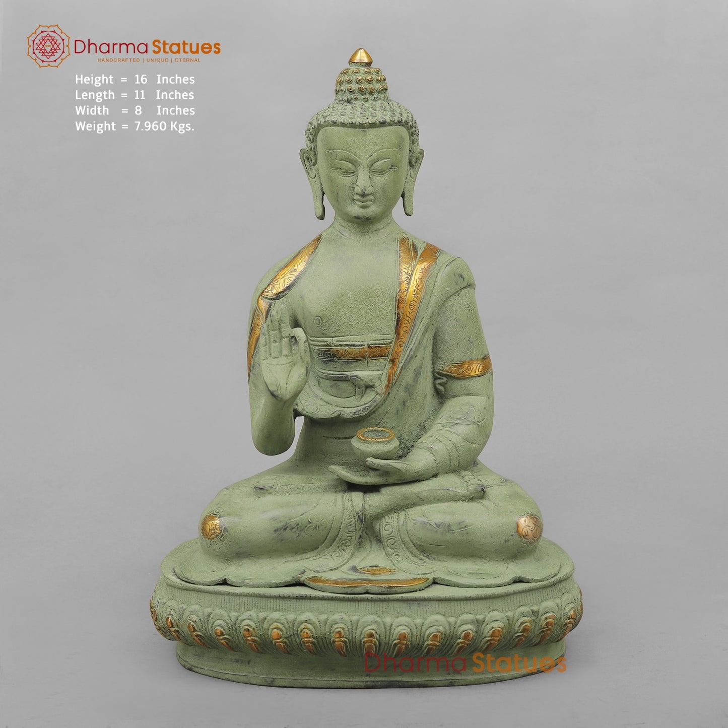 Brass Buddha Seated with Ashtmangal Signs, Green Patina Finish 16”