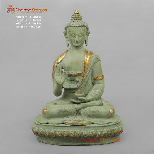 Brass Buddha Seated with Ashtmangal Signs, Green Patina Finish 16”