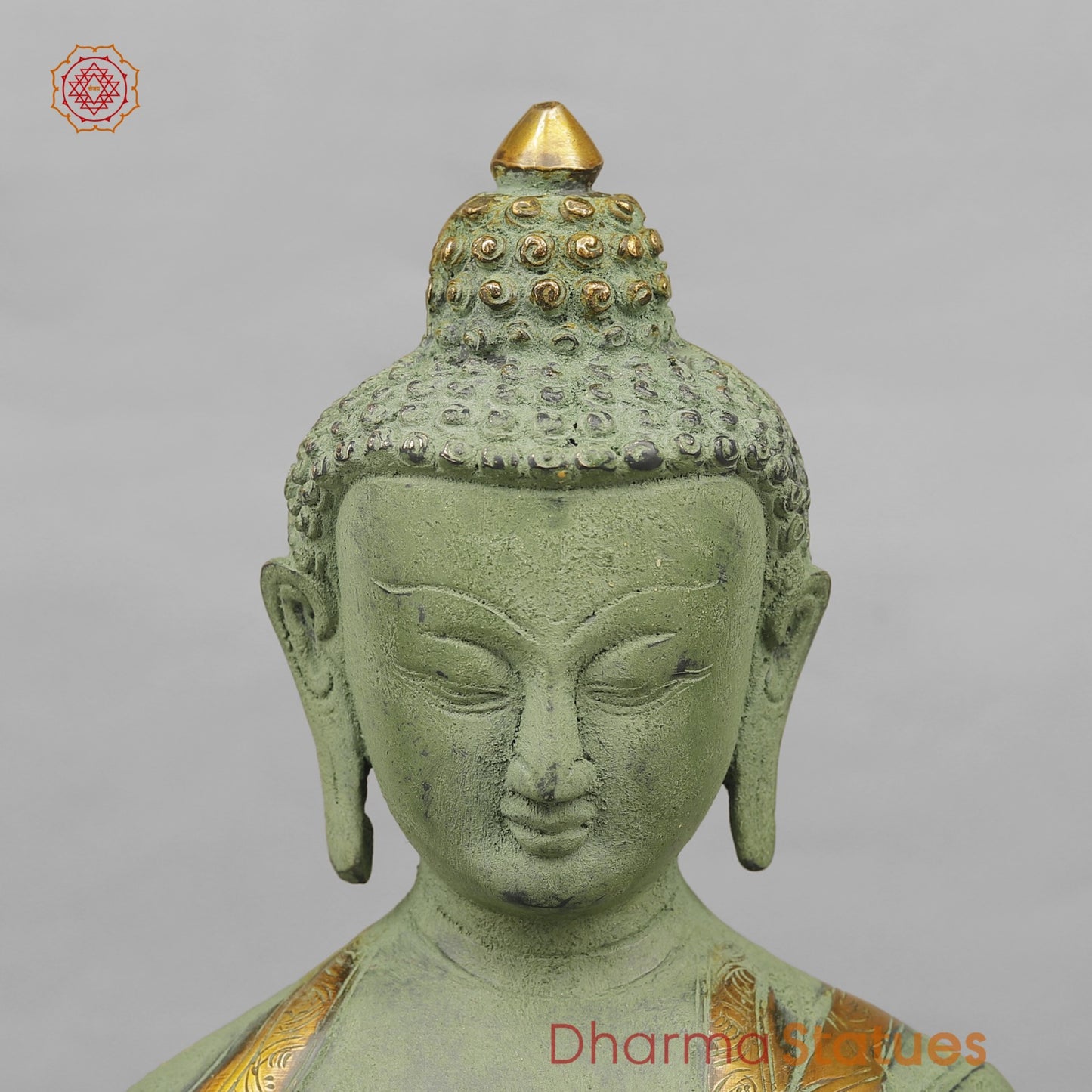 Brass Buddha Seated with Ashtmangal Signs, Green Patina Finish 16”