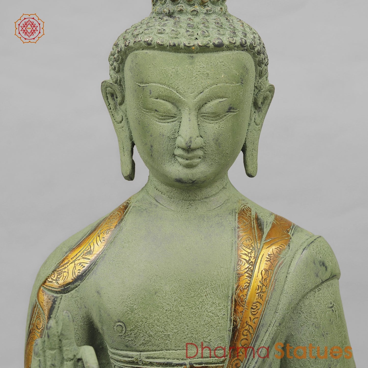 Brass Buddha Seated with Ashtmangal Signs, Green Patina Finish 16”