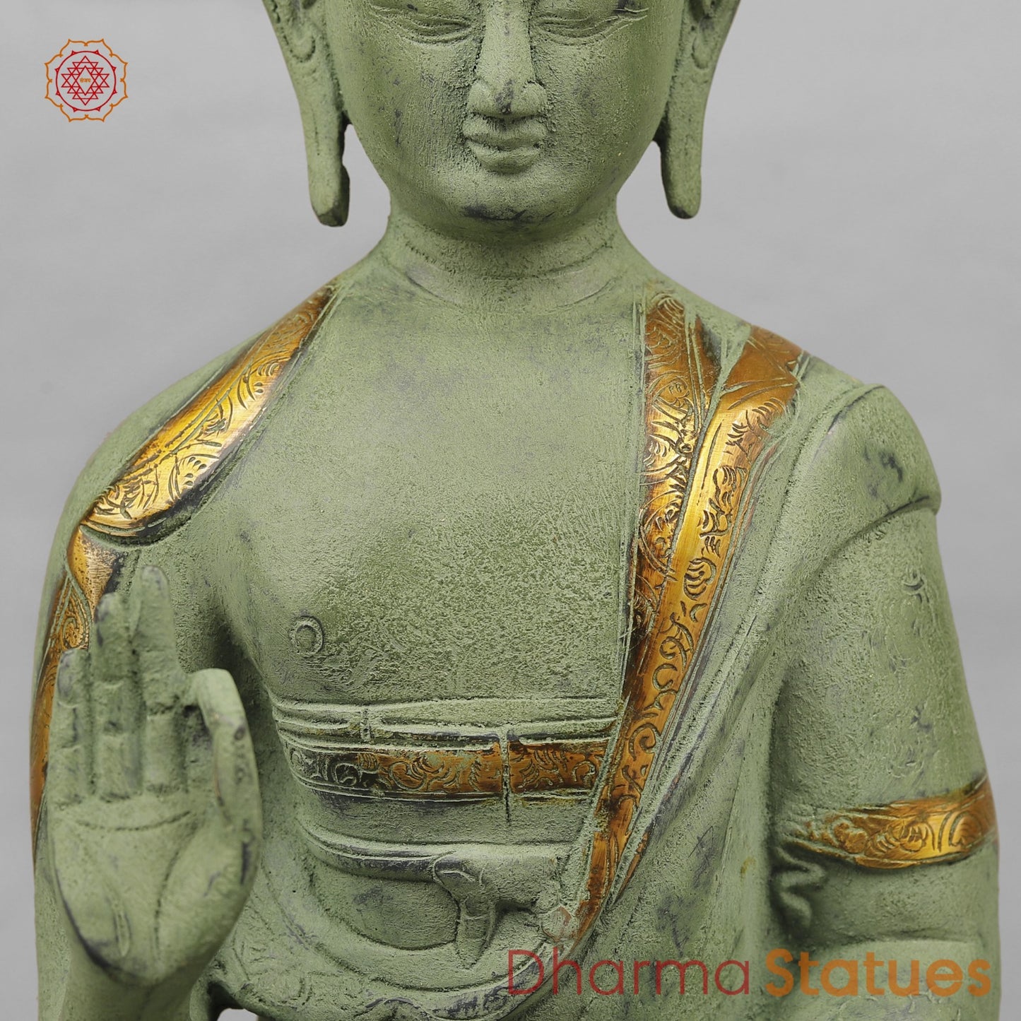 Brass Buddha Seated with Ashtmangal Signs, Green Patina Finish 16”