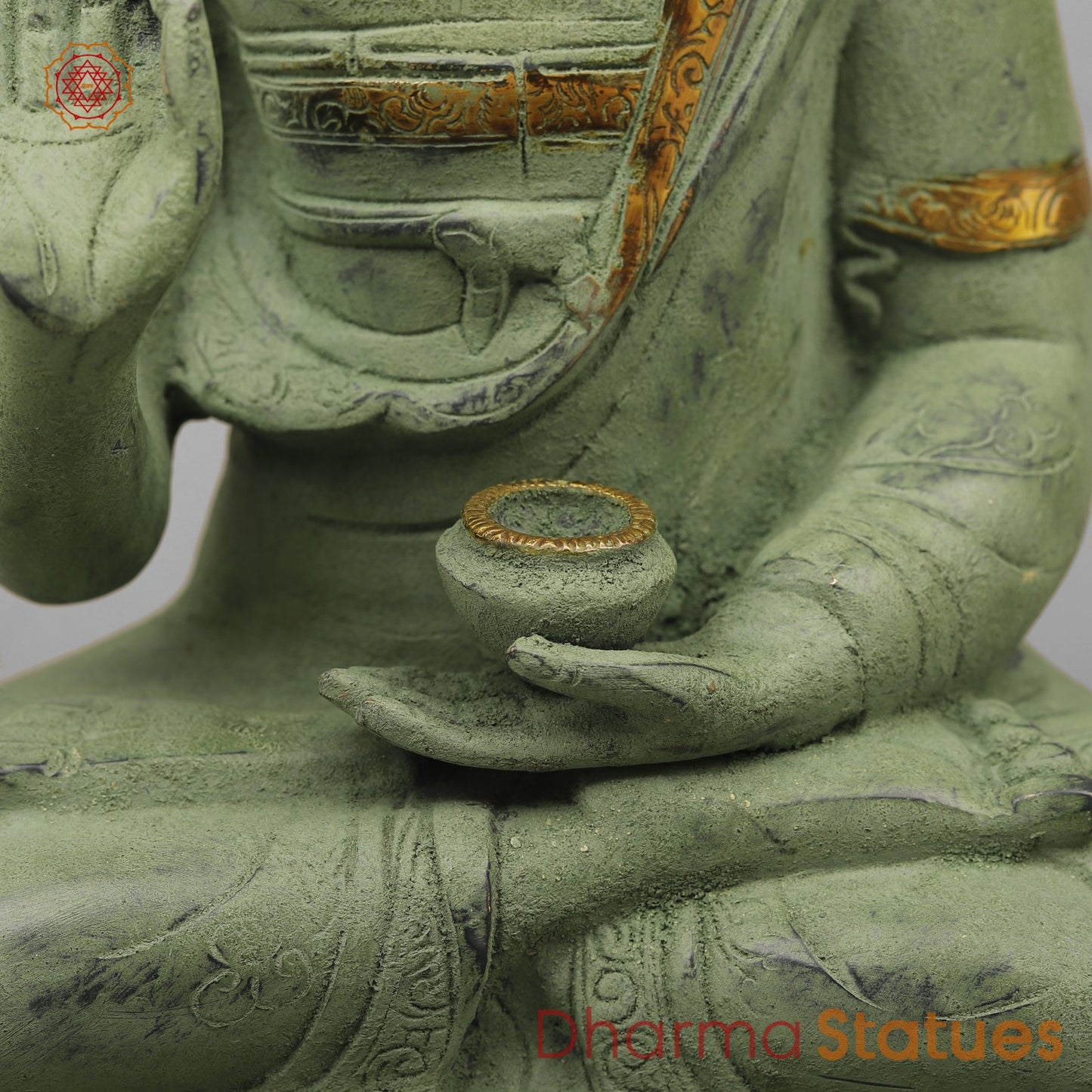 Brass Buddha Seated with Ashtmangal Signs, Green Patina Finish 16”