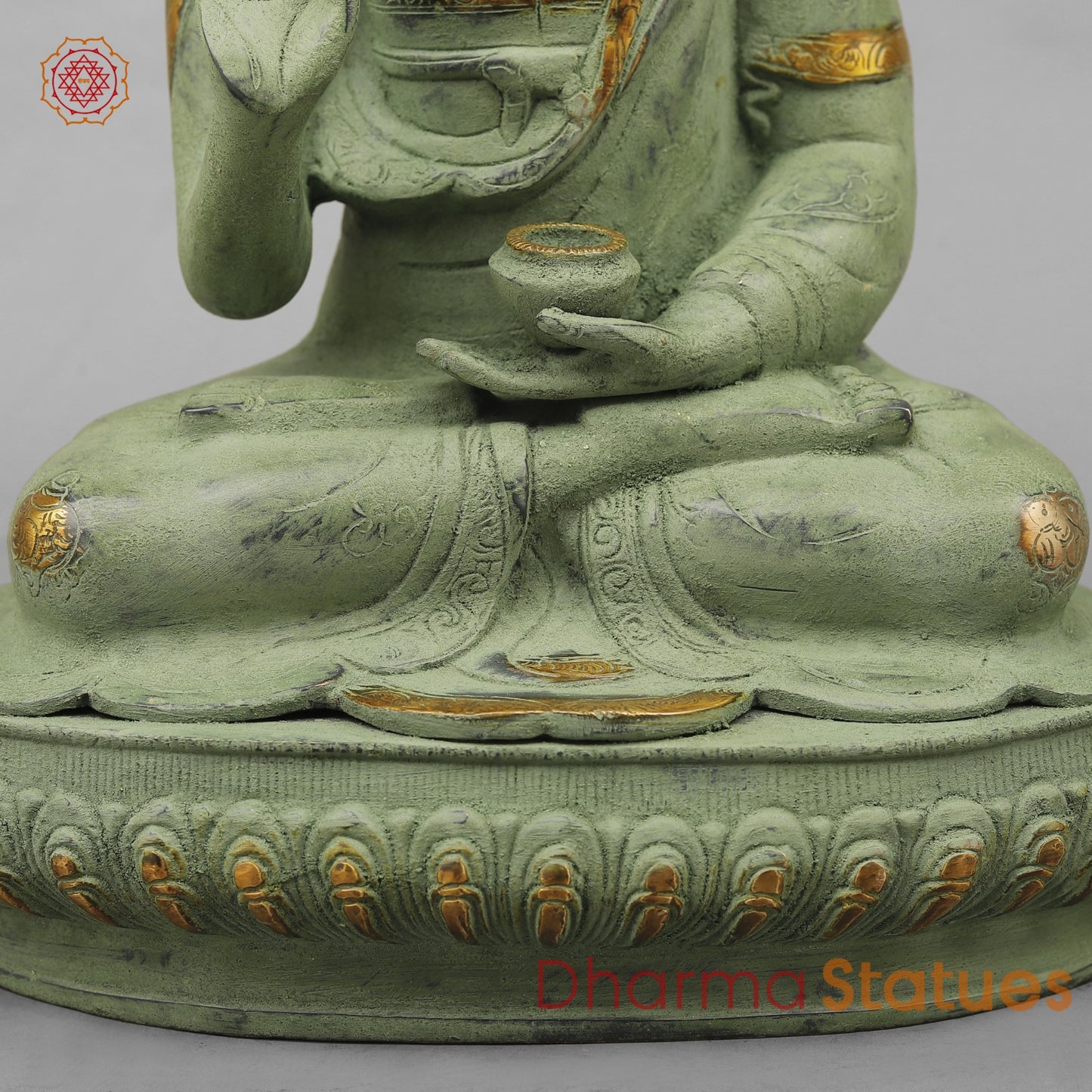 Brass Buddha Seated with Ashtmangal Signs, Green Patina Finish 16”