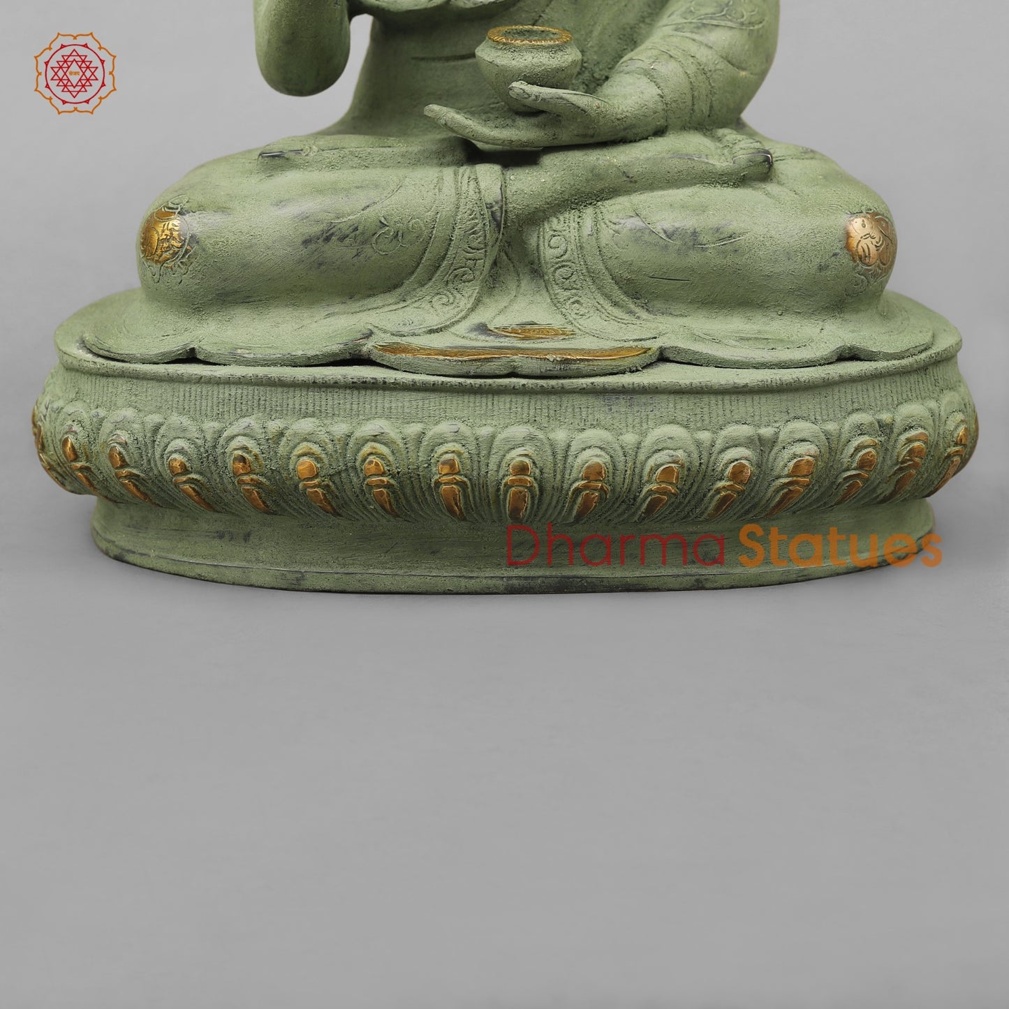 Brass Buddha Seated with Ashtmangal Signs, Green Patina Finish 16”