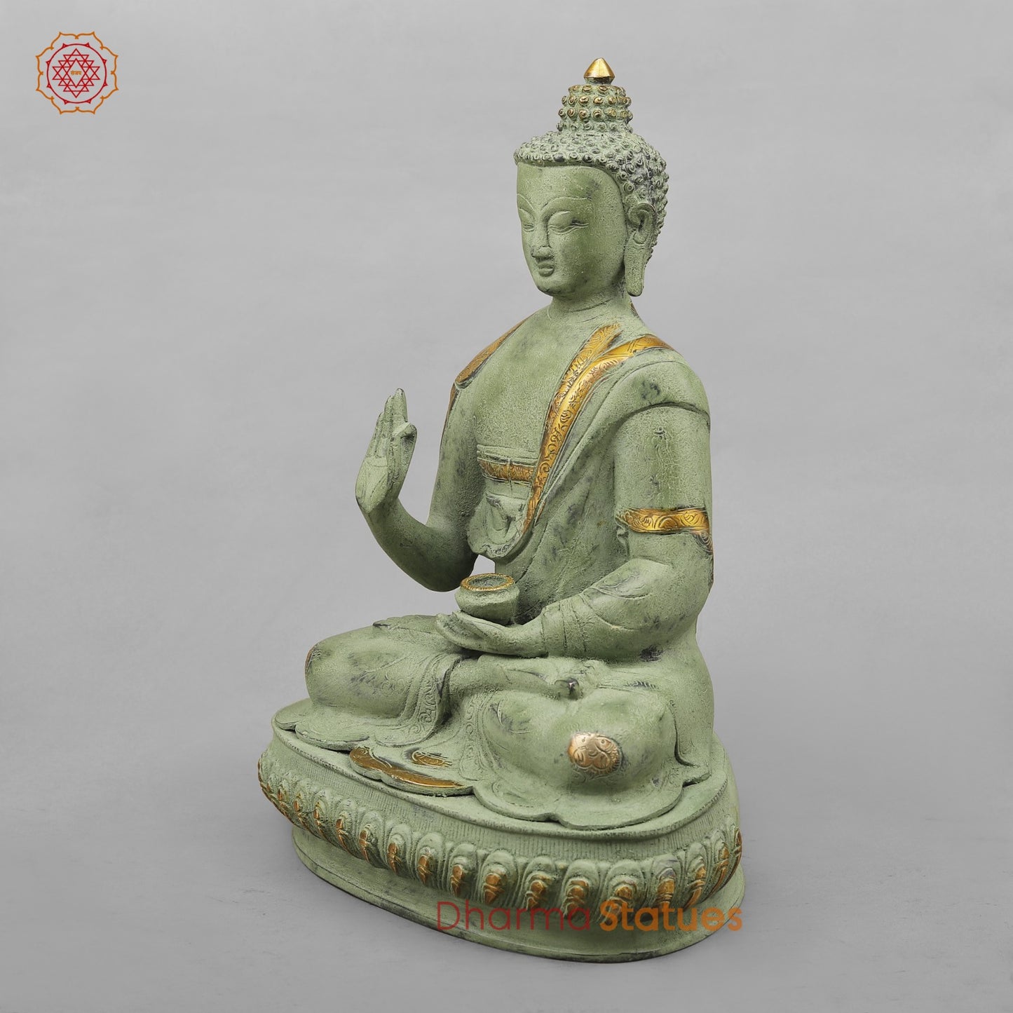 Brass Buddha Seated with Ashtmangal Signs, Green Patina Finish 16”
