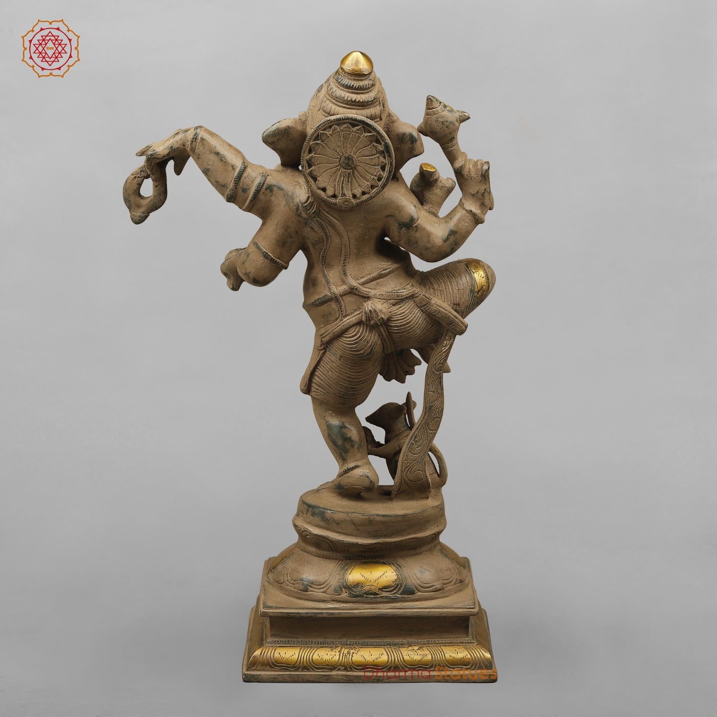 Brass Ganesh Dancing with Rat, Antique finish 18”