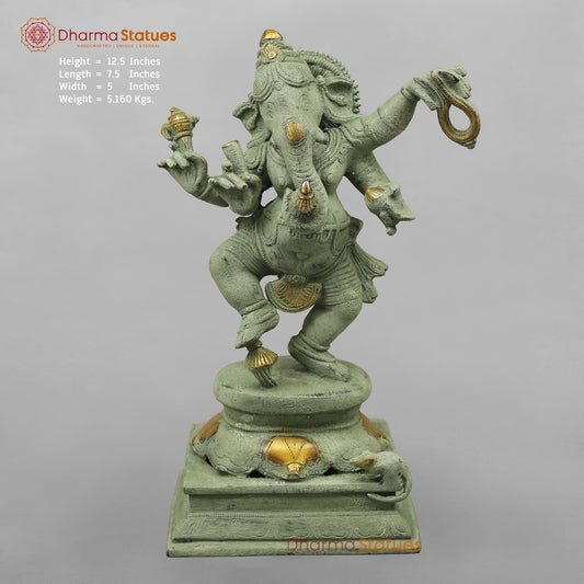Brass Dancing Ganesh, Green Patina Antique Finish 12.5”
