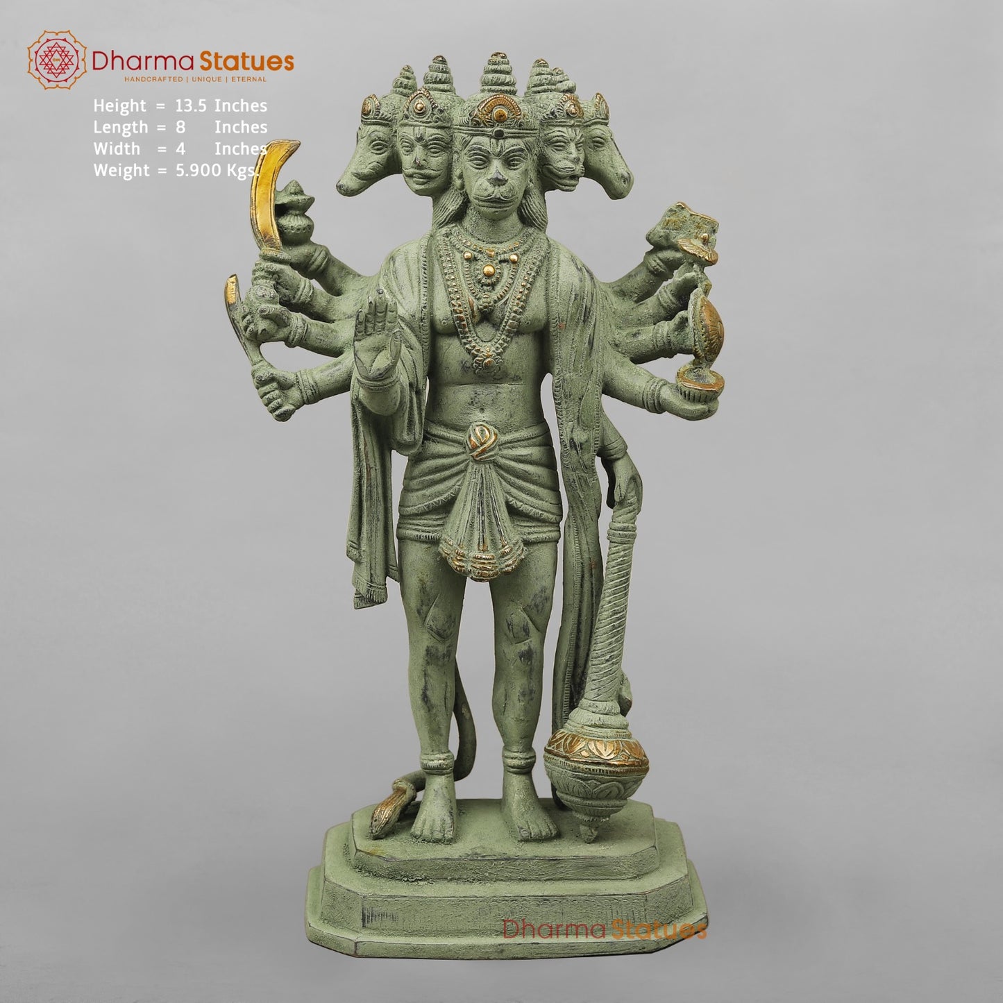 Brass Panchmukhi Hanuman Standing, Green Patina Antique Finish 13.5”