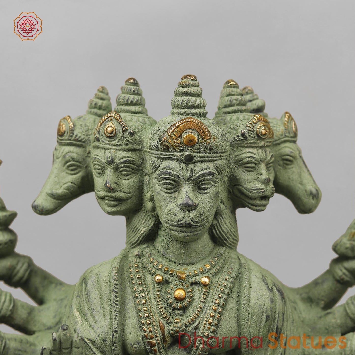 Brass Panchmukhi Hanuman Standing, Green Patina Antique Finish 13.5”