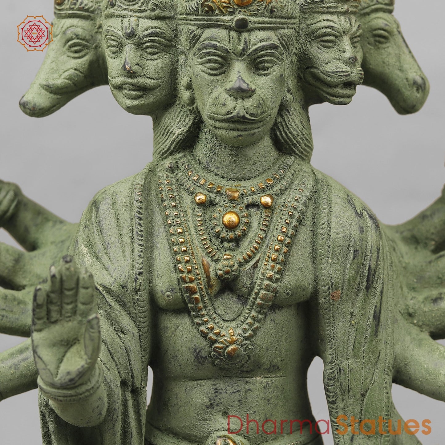 Brass Panchmukhi Hanuman Standing, Green Patina Antique Finish 13.5”