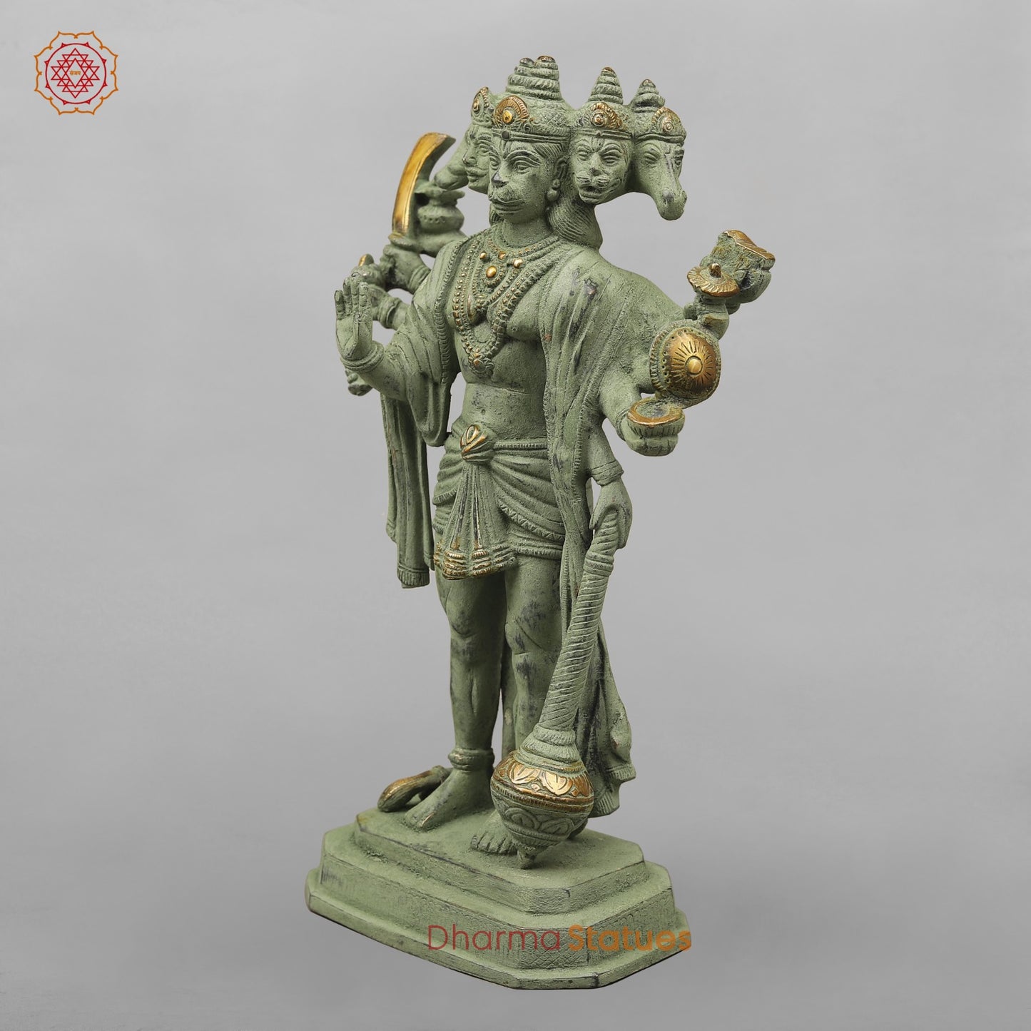 Brass Panchmukhi Hanuman Standing, Green Patina Antique Finish 13.5”
