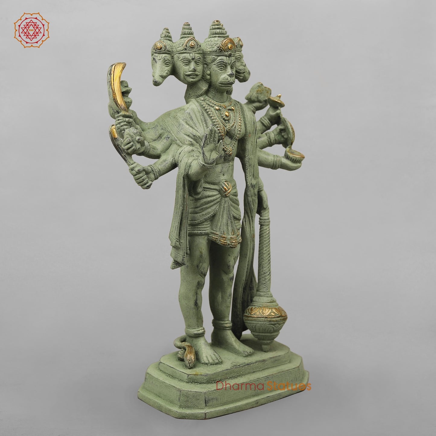 Brass Panchmukhi Hanuman Standing, Green Patina Antique Finish 13.5”