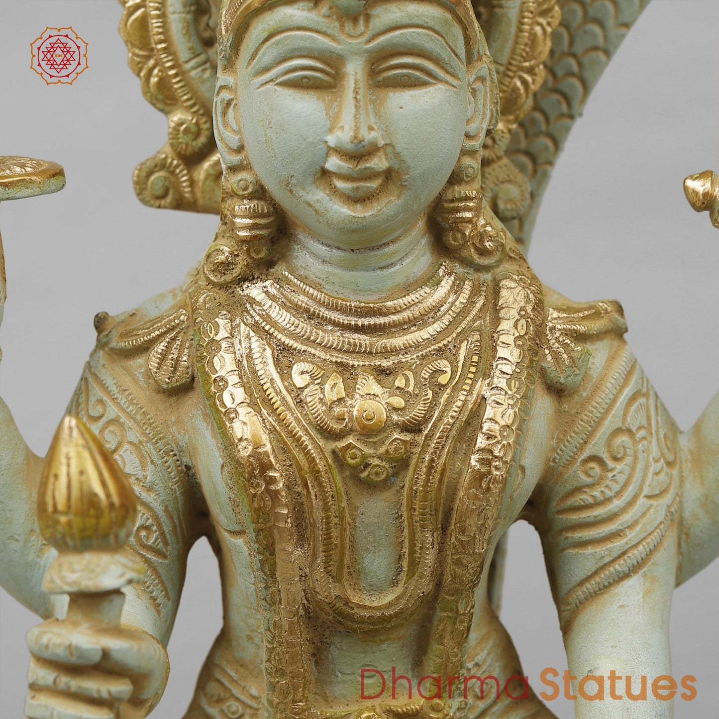 Brass Vishnu Seated Fine, Light Turquoise finish 13”