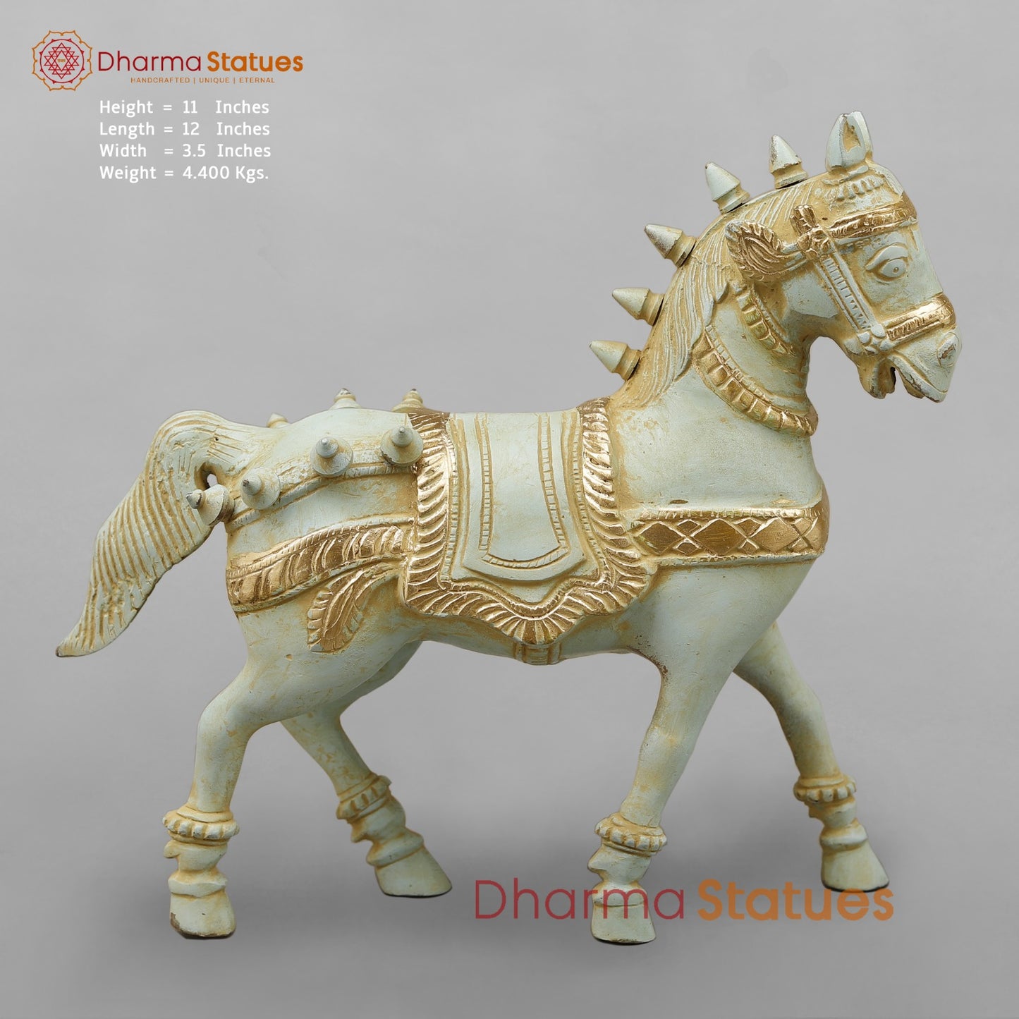 Brass Horse Standing with Fine Carving, Light Turquoise finish 12”