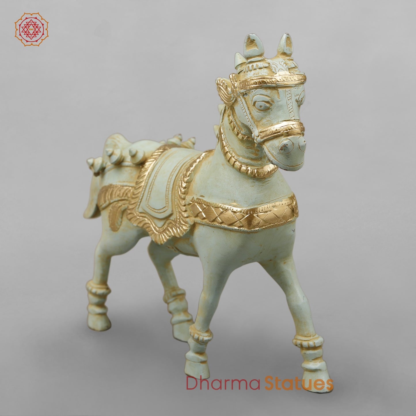 Brass Horse Standing with Fine Carving, Light Turquoise finish 12”